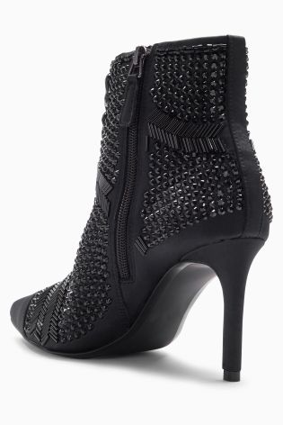 Black Beaded Point Ankle Boots